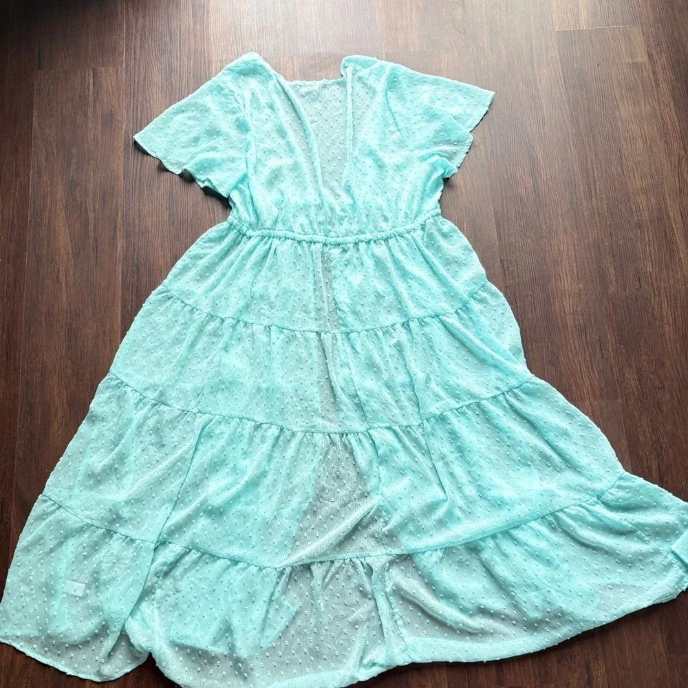 Torrid Fairycore Mint Chiffon Clip Dot Maxi Dress Deep V Flutter Sleeve 2X Aqua